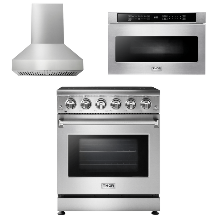 Thor Kitchen Package - 30 Inch Electric Range, Range Hood, Microwave, AP-HRE3001-W-4