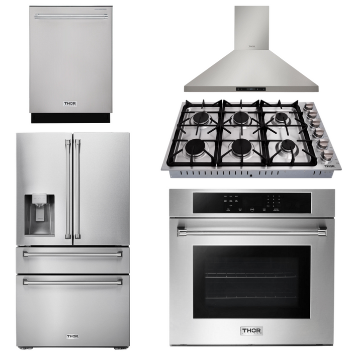 THOR Kitchen Package - 30" Wall Oven, 36" Cooktop, Range Hood, Refrigerator with Water and Ice Dispenser, Dishwasher, AP-HEW3001-DC-36-3
