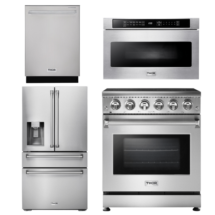 Thor Kitchen Package - 30" Electric Range, Microwave, Refrigerator with Water and Ice Dispenser, Dishwasher, AP-HRE3001-12