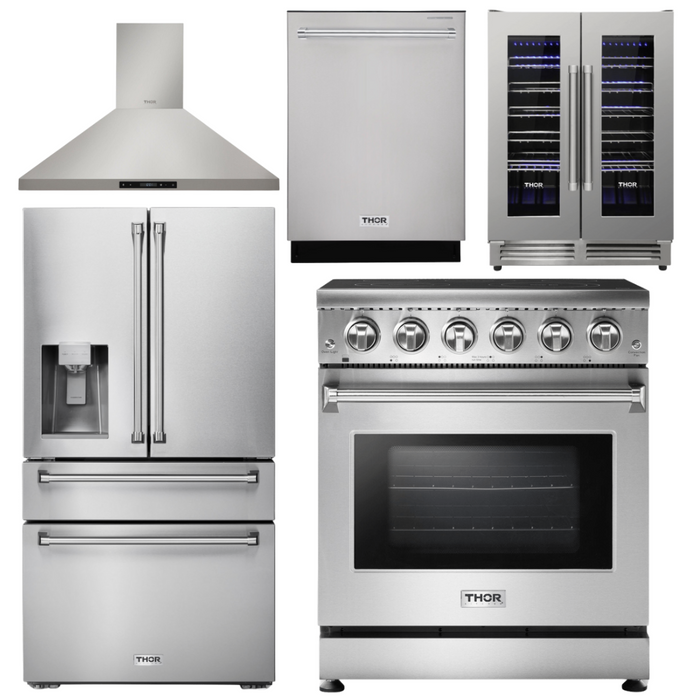 Thor Kitchen Package - 30" Electric Range, Range Hood, Refrigerator with Water and Ice Dispenser, Dishwasher, Wine Cooler, AP-HRE3001-11