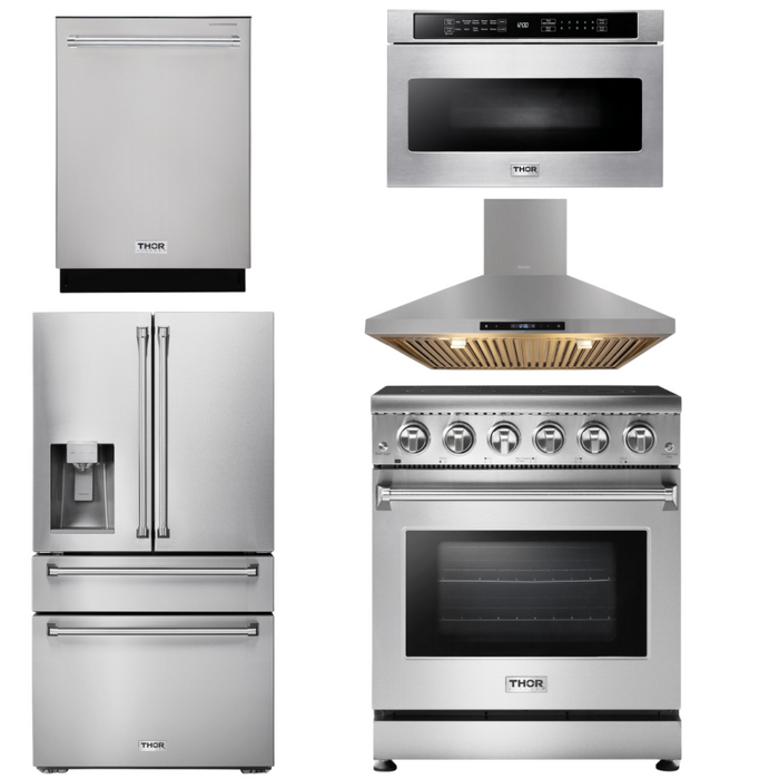 THOR Kitchen Package - 30 inch Electric Range, Range Hood, Microwave, Refrigerator with Water and Ice Dispenser, Dishwasher, AP-HRE3001-13