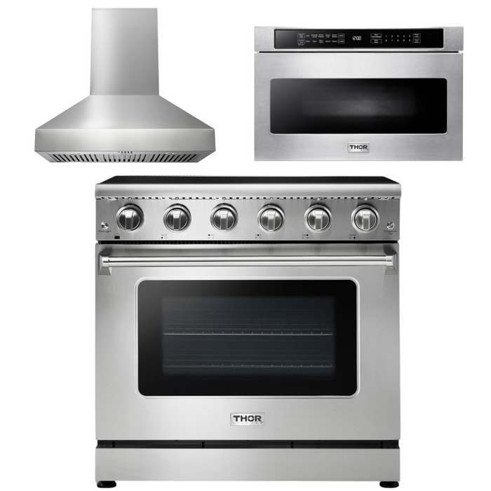 THOR Kitchen Package - 36" Electric Range, Range Hood, Microwave, AP-HRE3601-W-4