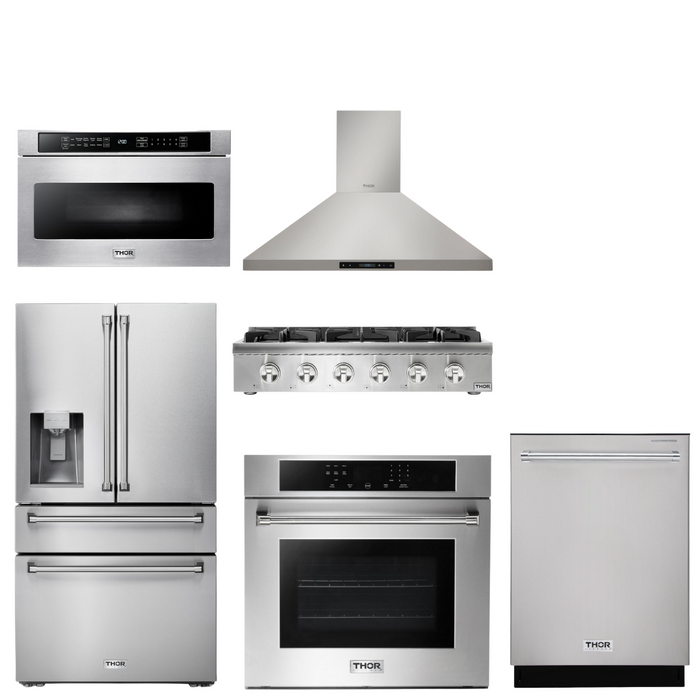 THOR Kitchen Package - 36" Propane Gas Rangetop, Range Hood, Wall Oven, Refrigerator with Water and Ice Dispenser, Dishwasher, Microwave
