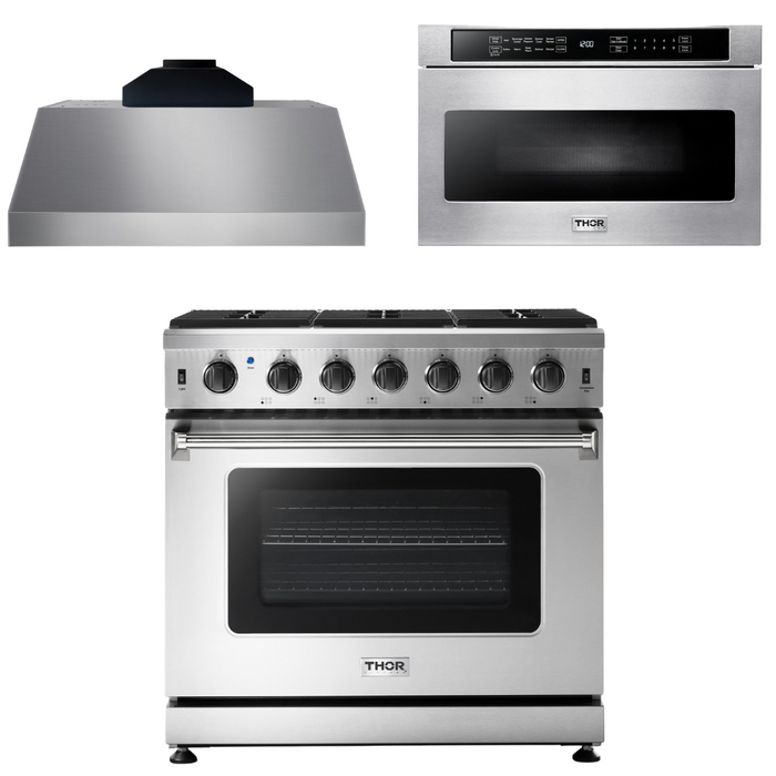 THOR Kitchen Package - 36 Inch Gas Range, Range Hood, Microwave, AP-LRG3601U-C-4
