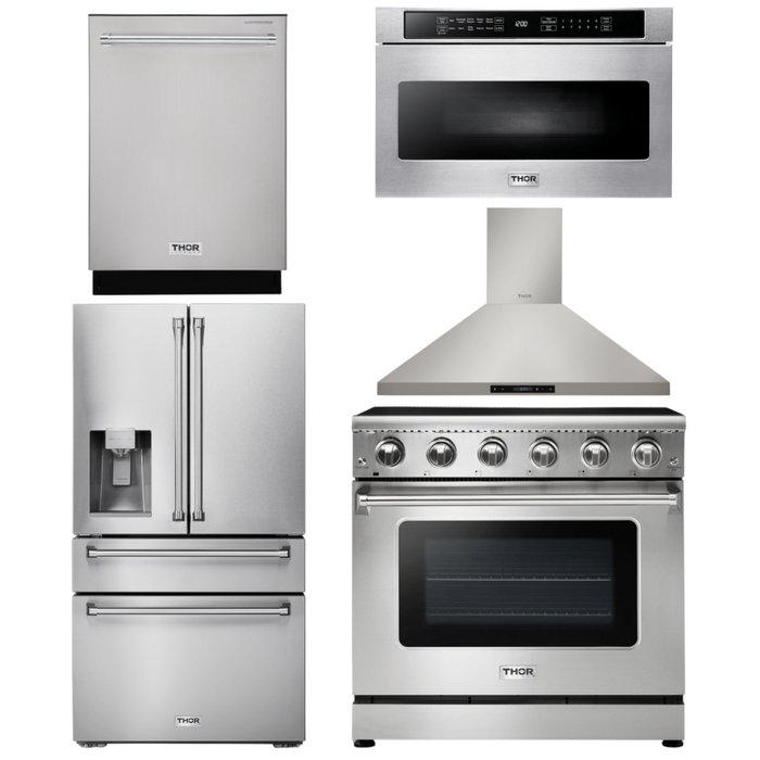 Thor Kitchen Package - 36" Electric Range, Range Hood, Microwave, Refrigerator with Water and Ice Dispenser, Dishwasher, AP-HRE3601-13