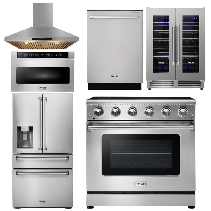THOR Kitchen Package - 36" Electric Range, Range Hood, Microwave, Refrigerator with Water and Ice Dispenser, Dishwasher, Wine Cooler, AP-HRE3601-14