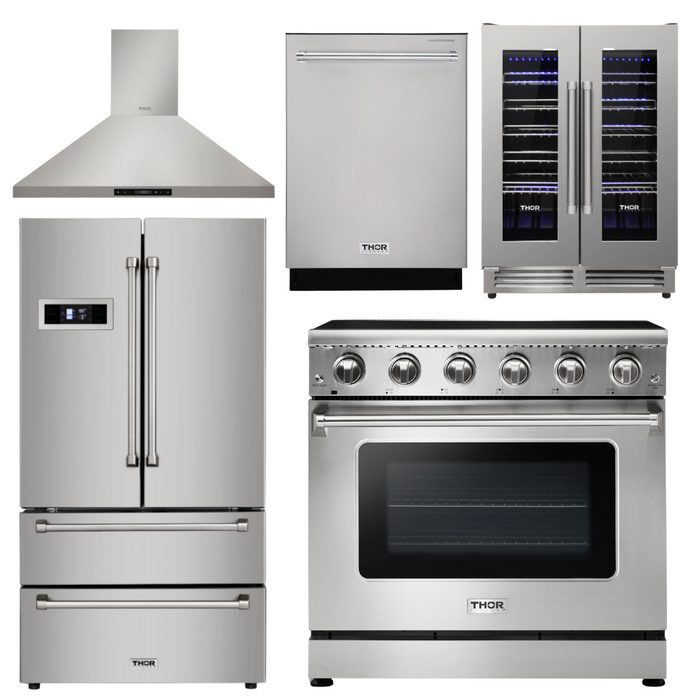 Thor Kitchen Package - 36" Electric Range, Range Hood, Refrigerator, Dishwasher, Wine Cooler, AP-HRE3601-4