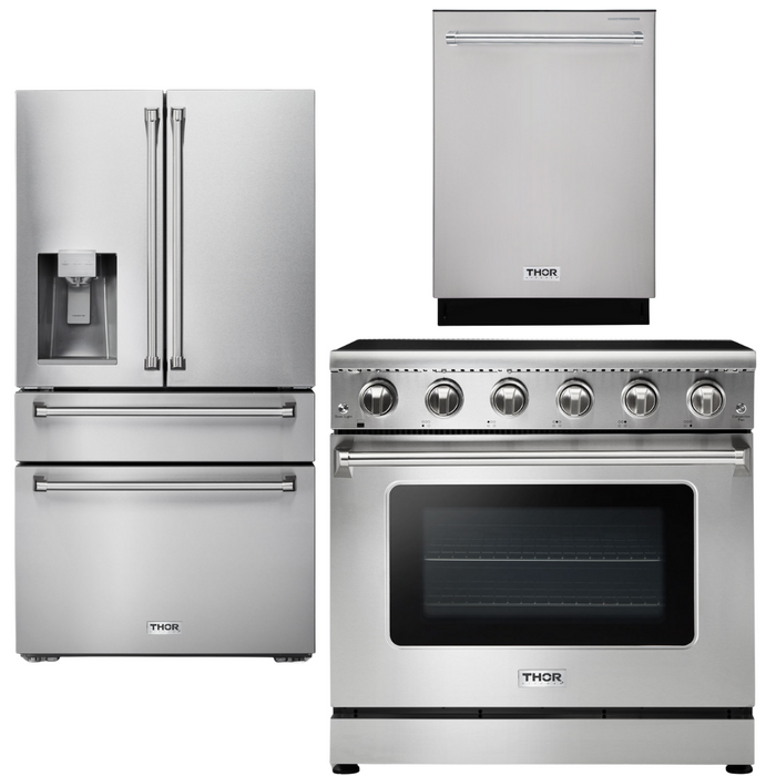 Thor Kitchen Package - 36" Electric Range, Refrigerator with Water and Ice Dispenser, Dishwasher, AP-HRE3601-9