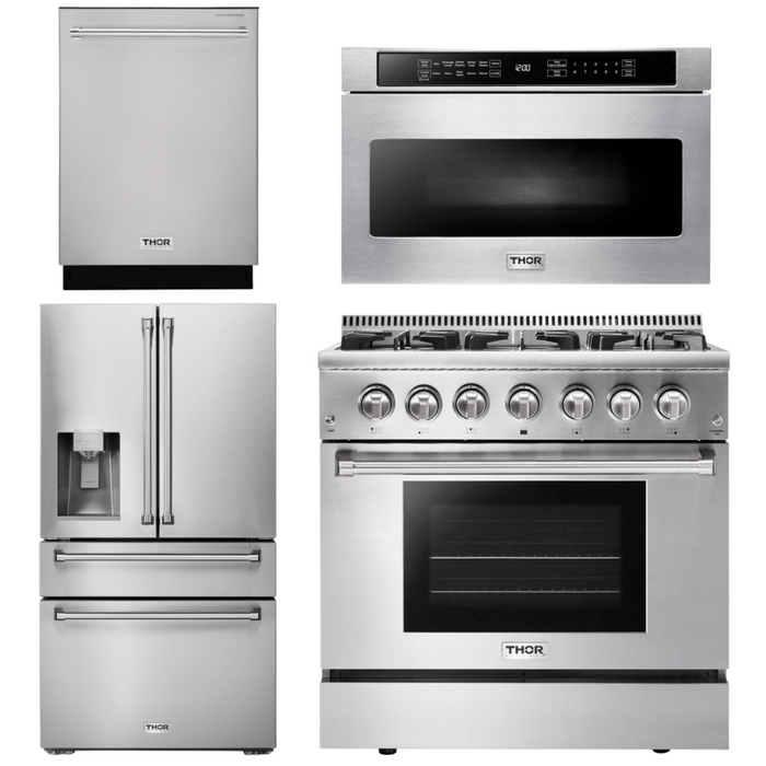 THOR Kitchen Package - 36" Dual Fuel Range, Microwave Drawer, Refrigerator with Water and Ice Dispenser, Dishwasher