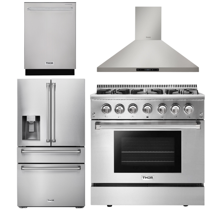 Thor Kitchen Package - 36" Propane Dual Fuel Range, Range Hood, Dishwasher, Refrigerator with Water and Ice Dispenser, AP-HRD3606ULP-10