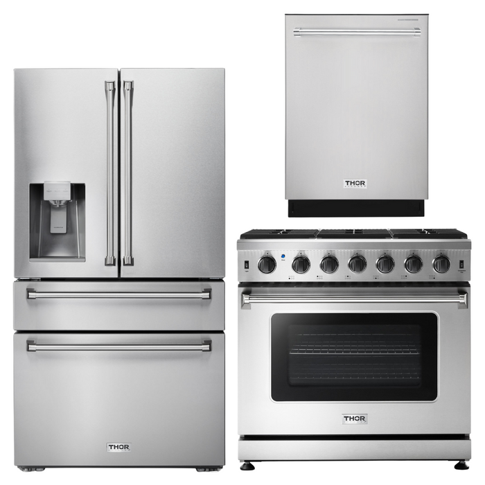 Thor Kitchen Package - 36" Propane Gas Range, Refrigerator with Water and Ice Dispenser, Dishwasher, AP-LRG3601ULP-9