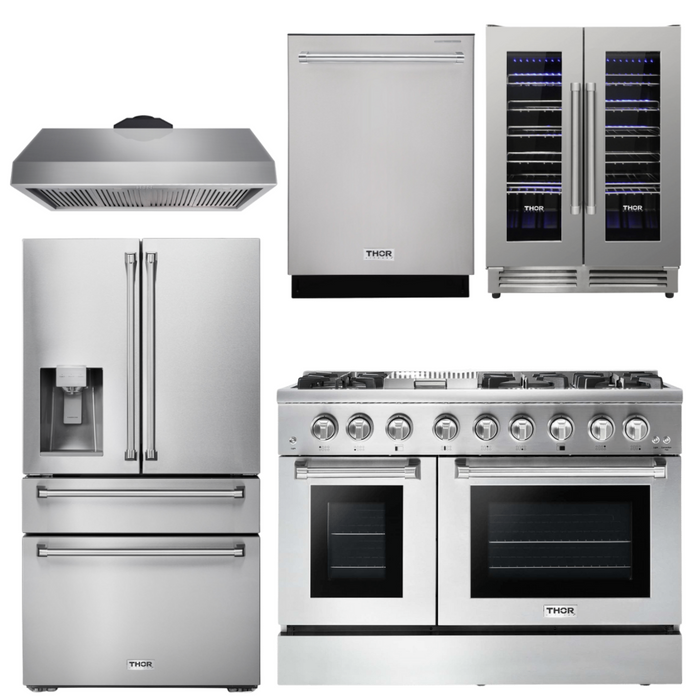 THOR Kitchen Package - 48" Propane Dual Fuel Range, Range Hood, Refrigerator, Dishwasher, Wine Cooler