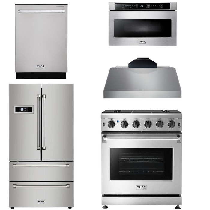 Thor Kitchen Package - 30" Gas Range, Range Hood, Microwave, Refrigerator, Dishwasher, AP-LRG3001U-C-5