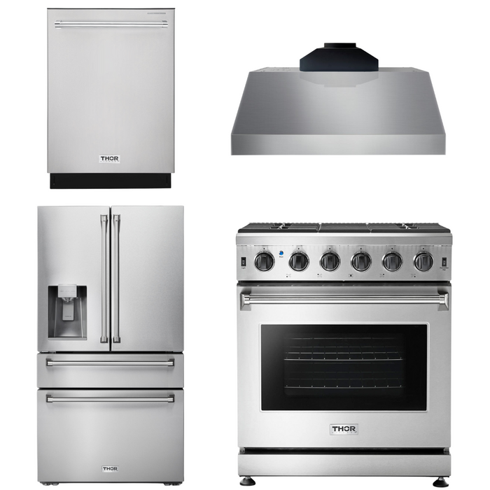 Thor Kitchen Package - 30" Gas Range, Range Hood, Refrigerator with Water and Ice Dispenser, Dishwasher, AP-LRG3001U-C-7