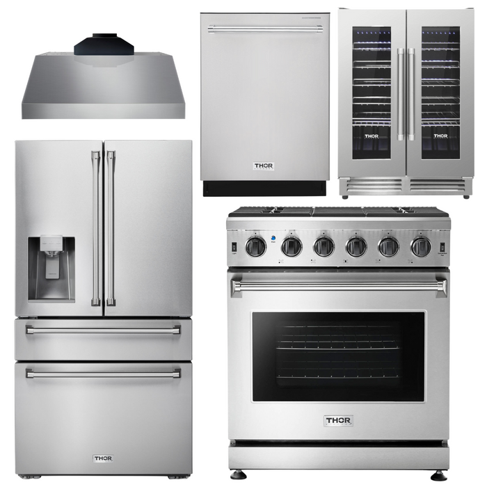 Thor Kitchen Package - 30" Gas Range, Range Hood, Refrigerator with Water and Ice Dispenser, Dishwasher, Wine Cooler, AP-LRG3001U-C-8