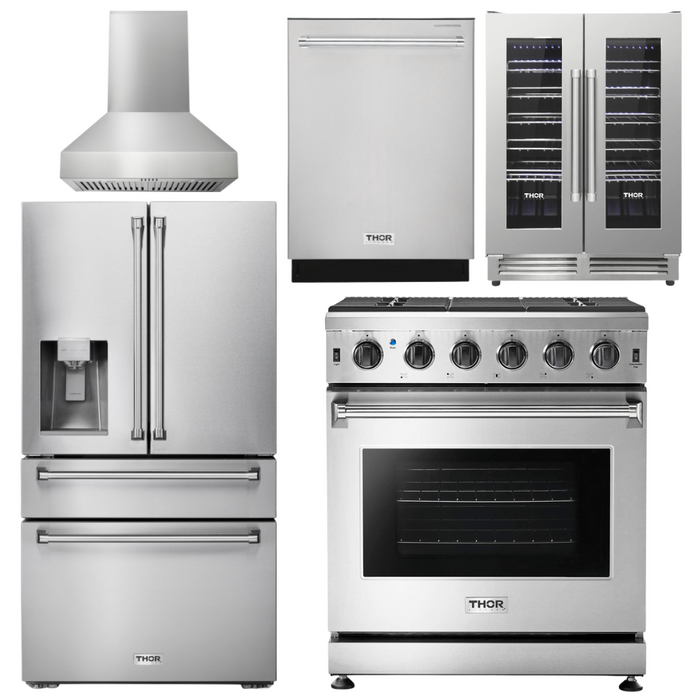 Thor Kitchen Package - 30" Gas Range, Range Hood, Refrigerator with Water and Ice Dispenser, Dishwasher, Wine Cooler, AP-LRG3001U-W-8