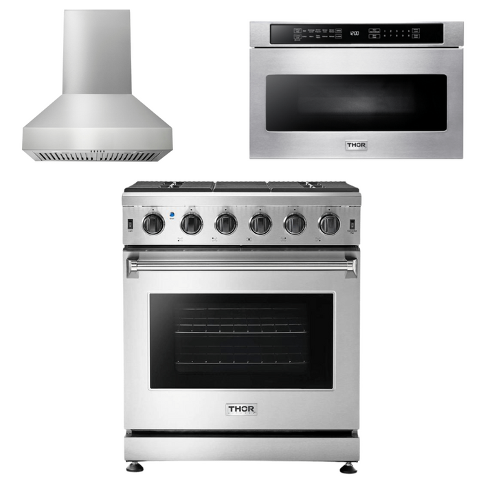 Thor Kitchen Package - 30" Gas Range, Range Hood, Microwave, AP-LRG3001U-W-4