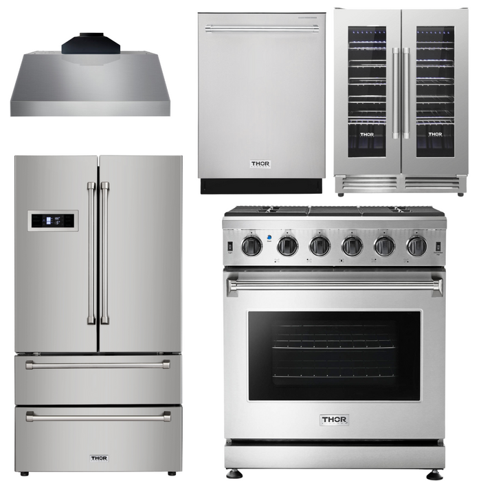 Thor Kitchen Package - 30" Gas Range, Range Hood, Refrigerator, Dishwasher, Wine Cooler, AP-LRG3001U-C-3