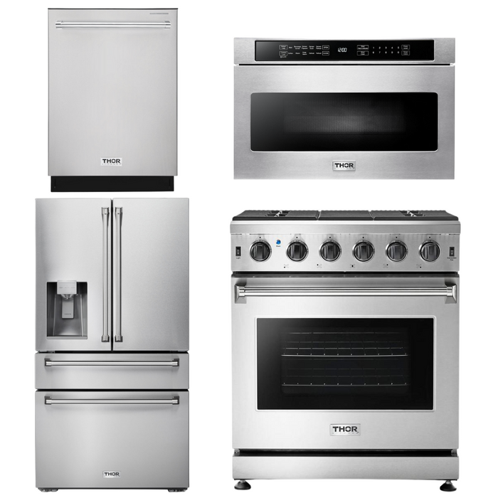 Thor Kitchen Package - 30" Propane Gas Range, Microwave, Refrigerator with Water and Ice Dispenser, Dishwasher, AP-LRG3001ULP-12