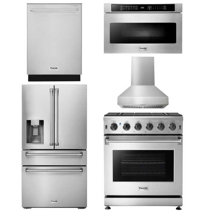 Thor Kitchen Package - 30" Gas Range, Range Hood, Microwave, Refrigerator with Water and Ice Dispenser, Dishwasher, AP-LRG3001U-W-9