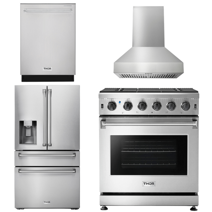 Thor Kitchen Package - 30" Gas Range, Range Hood, Refrigerator with Water and Ice Dispenser, Dishwasher, AP-LRG3001U-W-7