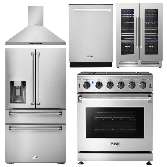 Thor Kitchen Package - 30" Gas Range, Range Hood, Refrigerator with Water and Ice Dispenser, Dishwasher, Wine Cooler, AP-LRG3001U-11