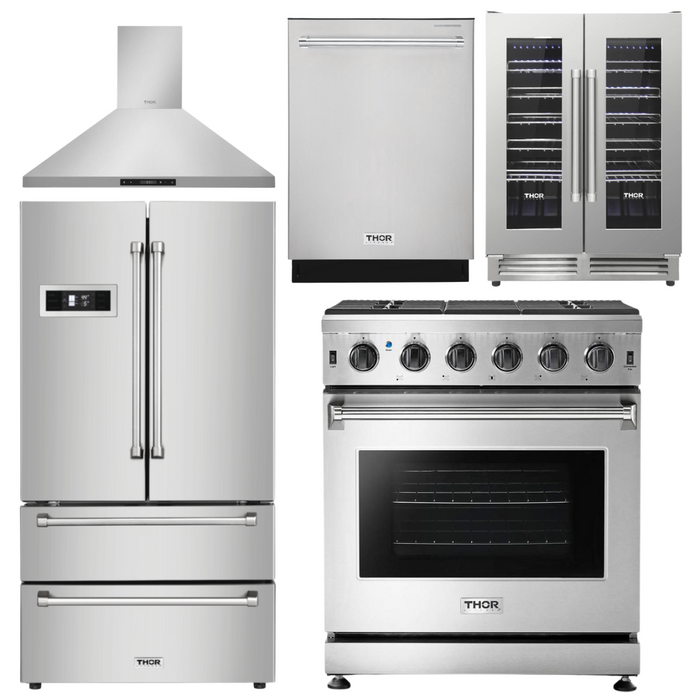 Thor Kitchen Package - 30" Propane Gas Range, Range Hood, Refrigerator, Dishwasher, Wine Cooler, AP-LRG3001ULP-4