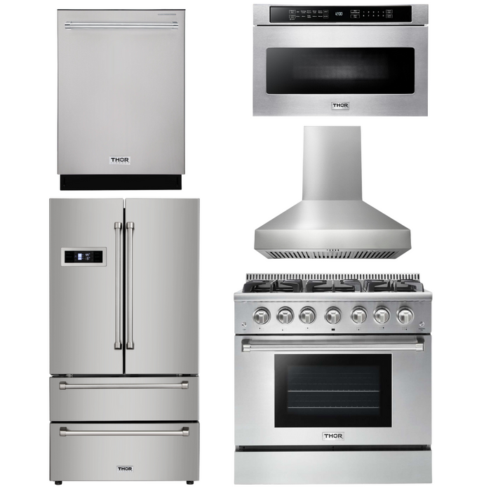 Thor Kitchen Package - 36" Gas Range, Range Hood, Microwave, Refrigerator, Dishwasher, AP-HRG3618U-W-5