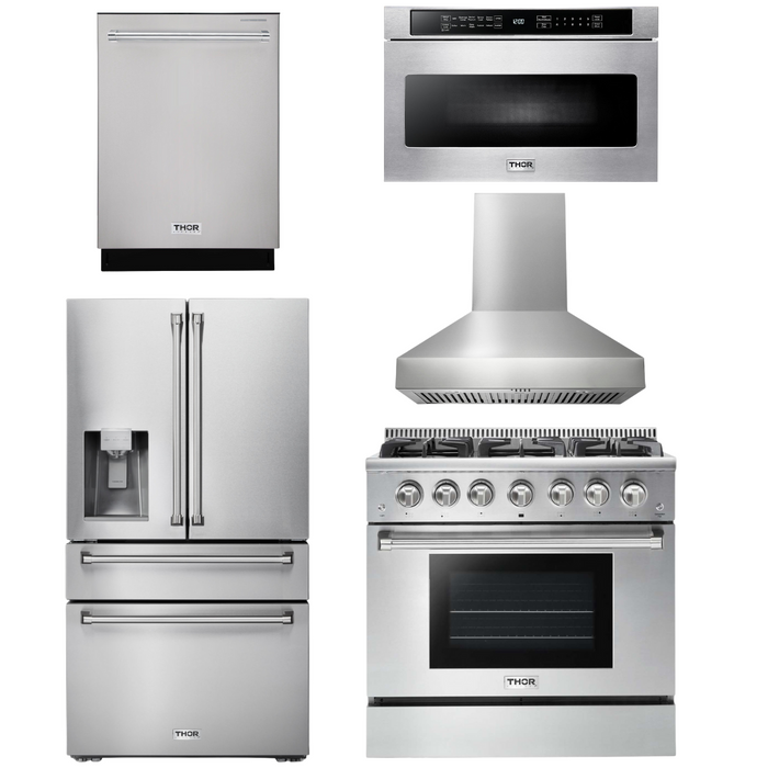 Thor Kitchen Package - 36" Gas Range, Hood, Microwave, Refrigerator with Water and Ice Dispenser, Dishwasher