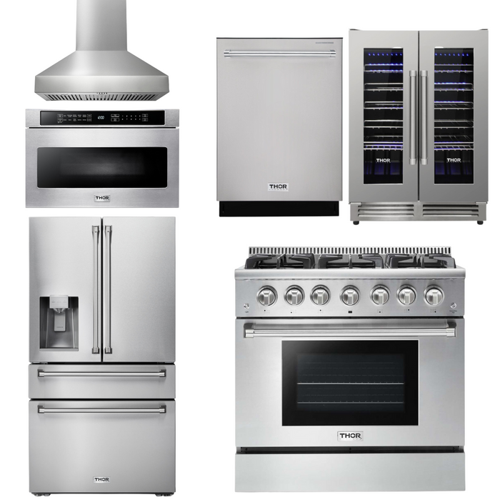 THOR Kitchen Package - 36" Gas Range, Range Hood, Microwave, Refrigerator with Water and Ice Dispenser, Dishwasher, Wine Cooler, AP-HRG3618U-W-10