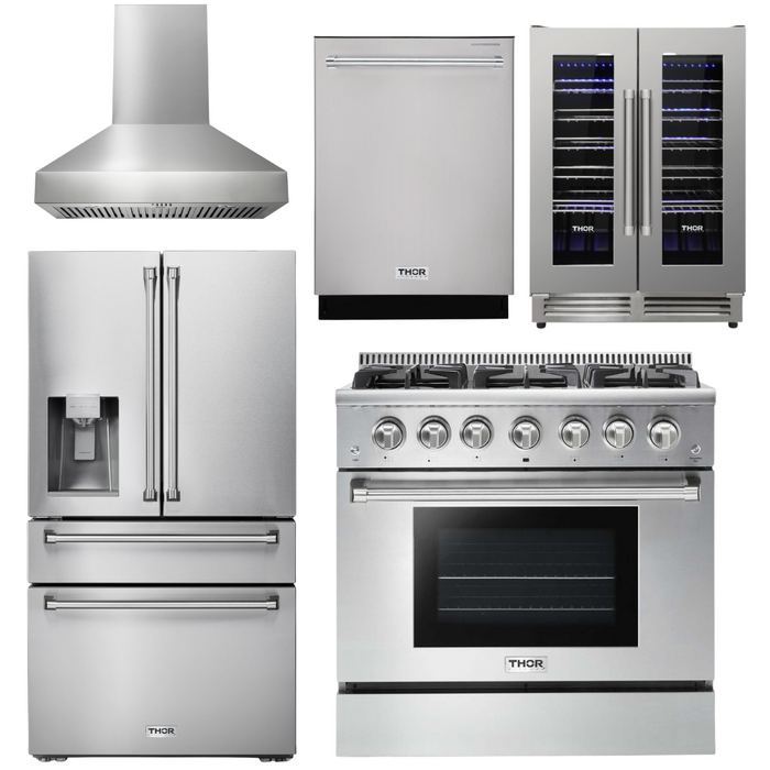 Thor Kitchen Package - 36" Gas Range, Range Hood, Refrigerator with Water and Ice Dispenser, Dishwasher, Wine Cooler, AP-HRG3618U-W-8