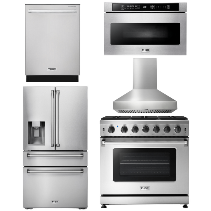 THOR Kitchen Package - 36 Inch Gas Range, Range Hood, Microwave, Refrigerator with Water and Ice Dispenser, Dishwasher, AP-LRG3601U-W-9