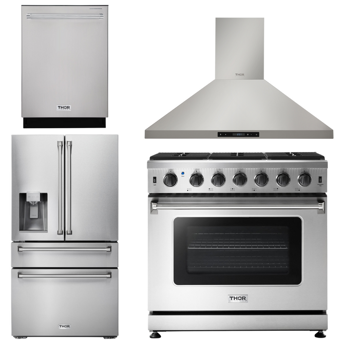 Thor Kitchen Package - 36" Propane Gas Range, Range Hood, Refrigerator with Water and Ice Dispenser, Dishwasher, AP-LRG3601ULP-10