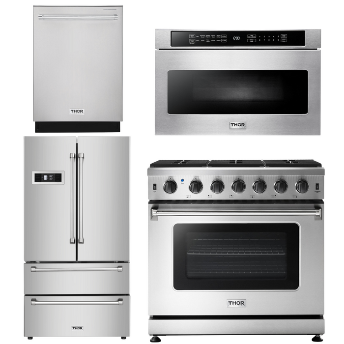 Thor Kitchen Package - 36" Gas Range, Microwave, Refrigerator, Dishwasher, AP-LRG3601U-6