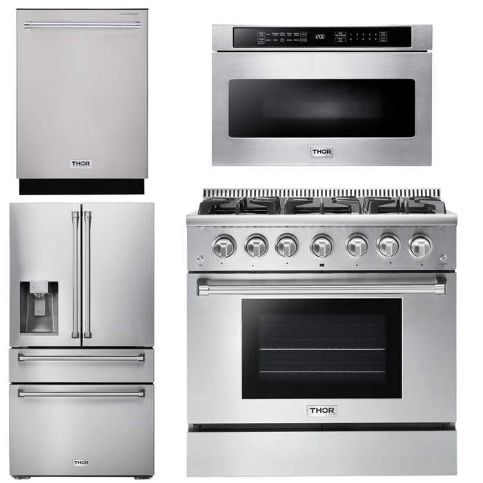 Thor Kitchen Package - 36" Gas Range, Microwave, Refrigerator with Water and Ice Dispenser, Dishwasher, AP-HRG3618U-12