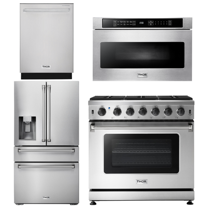 Thor Kitchen Package - 36" Gas Range, Microwave, Refrigerator with Water and Ice Dispenser, Dishwasher, AP-LRG3601U-12