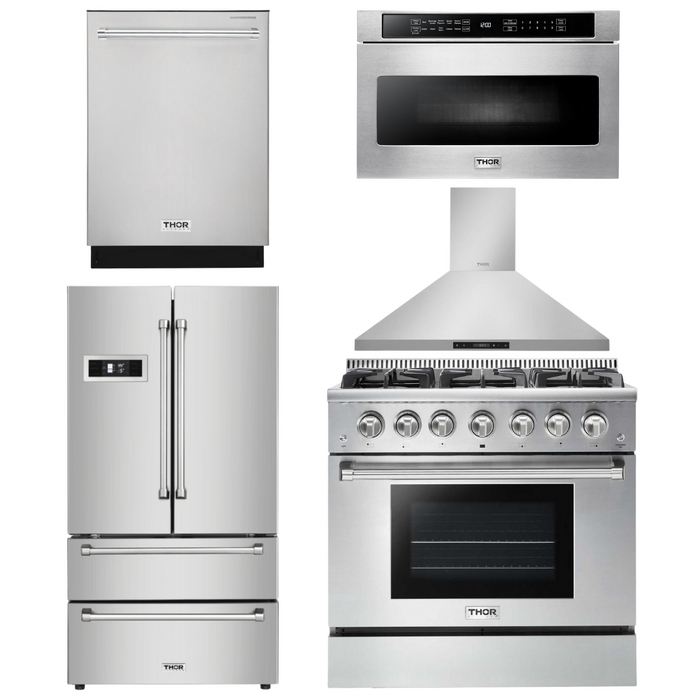 Thor Kitchen Package - 36" Gas Range, Range Hood, Microwave, Refrigerator, Dishwasher, AP-HRG3618U-7