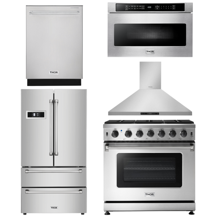 Thor Kitchen Package - 36" Gas Range, Range Hood, Microwave, Refrigerator, Dishwasher, AP-LRG3601U-7