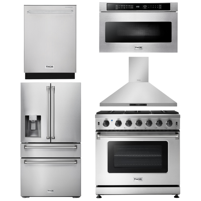 Thor Kitchen Package - 36" Gas Range, Range Hood, Microwave, Refrigerator with Water and Ice Dispenser, Dishwasher, AP-LRG3601U-13