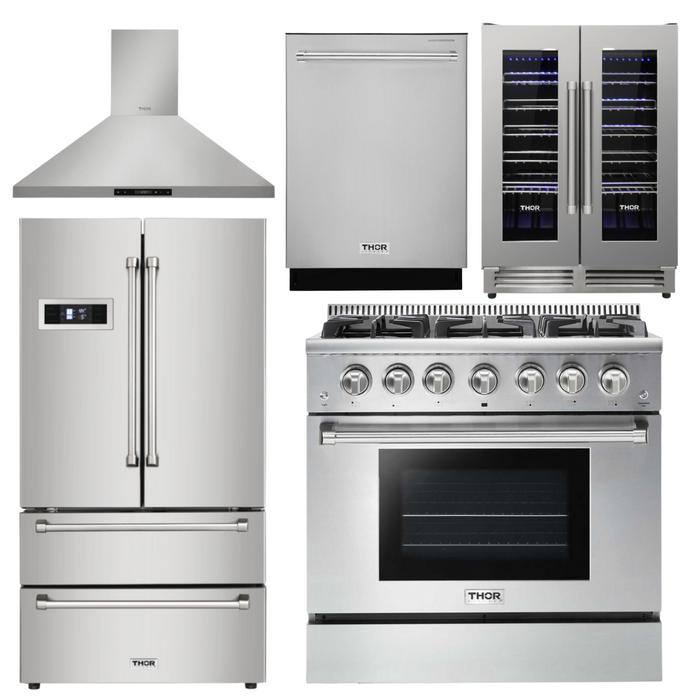 Thor Kitchen Package - 36" Gas Range, Range Hood, Refrigerator, Dishwasher & Wine Cooler, AP-HRG3618U-4