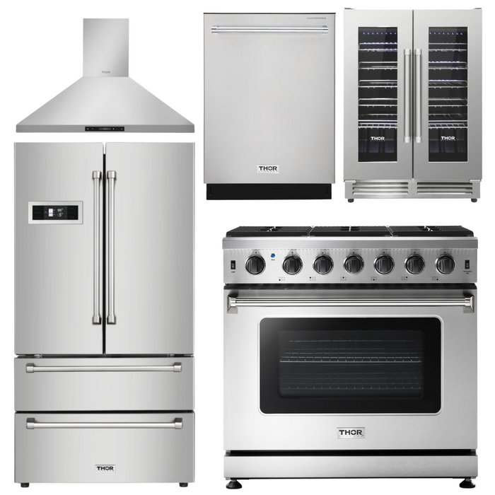 Thor Kitchen Package - 36" Gas Range, Range Hood, Refrigerator, Dishwasher, Wine Cooler, AP-LRG3601U-4