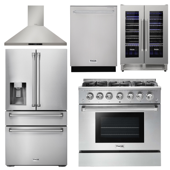 THOR Kitchen Package - 36" Propane Gas Range, Range Hood, Refrigerator with Water and Ice Dispenser, Dishwasher, Wine Cooler, AP-HRG3618ULP-11