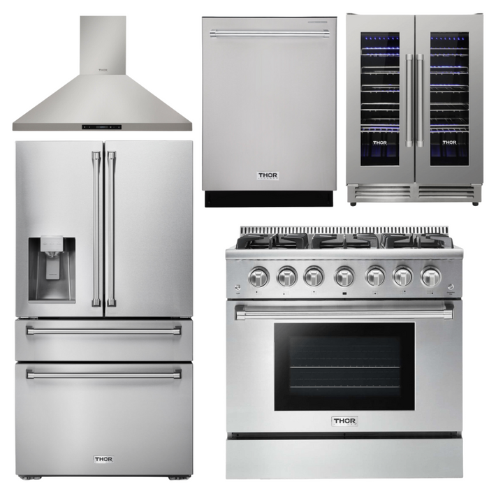 Thor Kitchen Package - 36" Gas Range, Range Hood, Refrigerator with Water and Ice Dispenser, Dishwasher, Wine Cooler, AP-HRG3618U-11