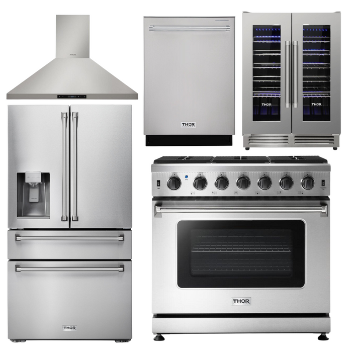 THOR Kitchen Package - 36" Propane Gas Range, Range Hood, Refrigerator with Water and Ice Dispenser, Dishwasher, Wine Cooler, AP-LRG3601ULP-11