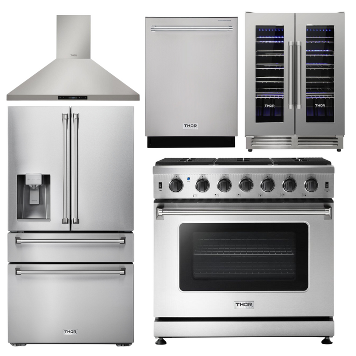 Thor Kitchen Package - 36" Gas Range, Range Hood, Refrigerator with Water and Ice Dispenser, Dishwasher, Wine Cooler, AP-LRG3601U-11