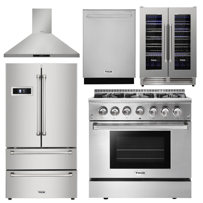 Thor Kitchen Package - 36" Propane Dual Fuel Range, Range Hood, Refrigerator, Dishwasher, Wine Cooler, AP-HRD3606ULP-4