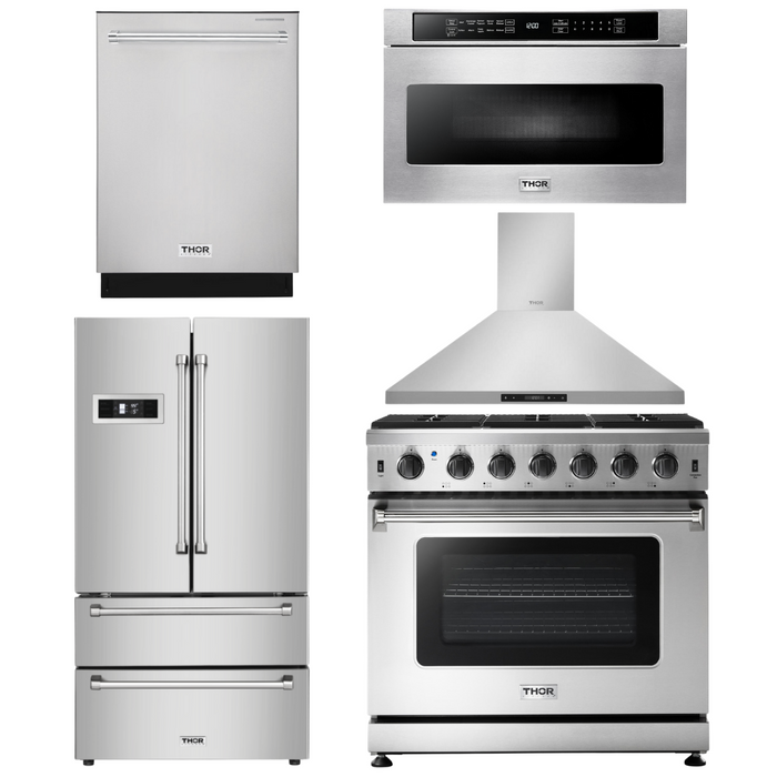 Thor Kitchen Package - 36" Propane Gas Range, Range Hood, Microwave, Refrigerator, Dishwasher, AP-LRG3601ULP-7