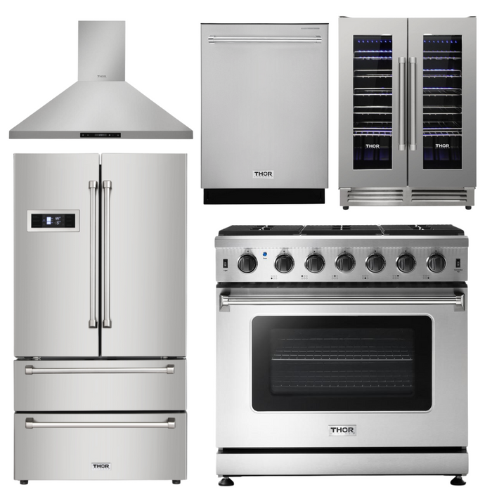 Thor Kitchen Package - 36" Propane Gas Range, Range Hood, Refrigerator, Dishwasher, Wine Cooler, AP-LRG3601ULP-4