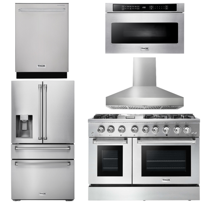 Thor Kitchen Package - 48" Dual Fuel Range, Range Hood, Refrigerator with Water and Ice Dispenser, Dishwasher, Microwave, AP-HRD4803U-W-9