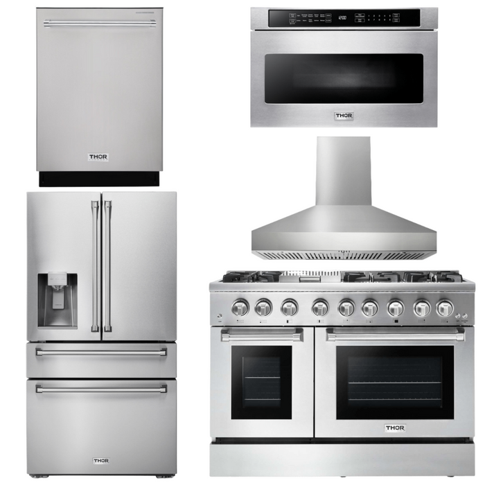 THOR Kitchen Package - 48" Dual Fuel Range, Range Hood, Refrigerator with Water and Ice Dispenser, Dishwasher, Microwave, AP-HRD4803ULP-W-9